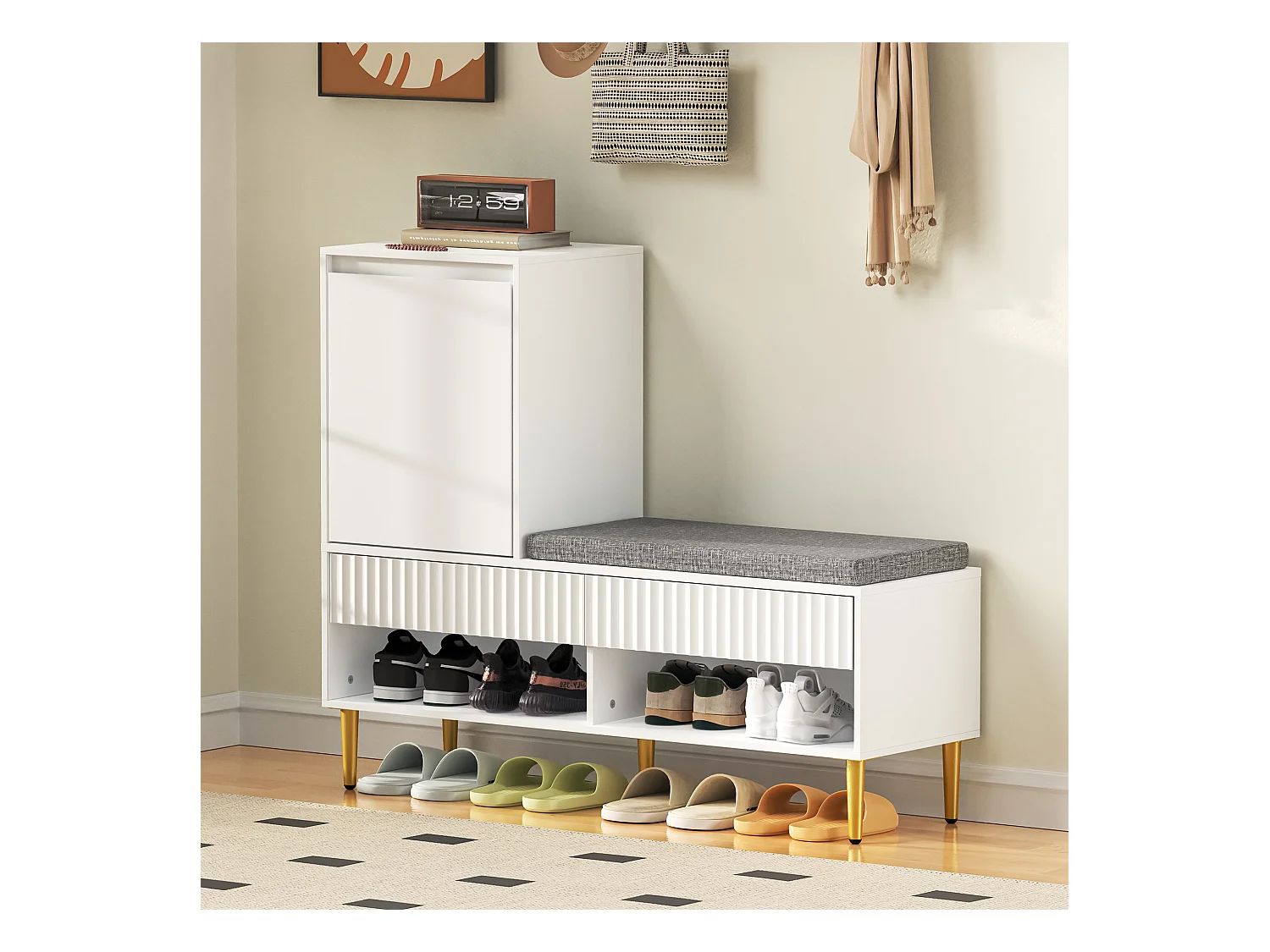 Meuble à chaussures 100x35x90cm - avec une banquette - avec 2 tiroirs et 1 porte - étagères ouvertes - Blanc