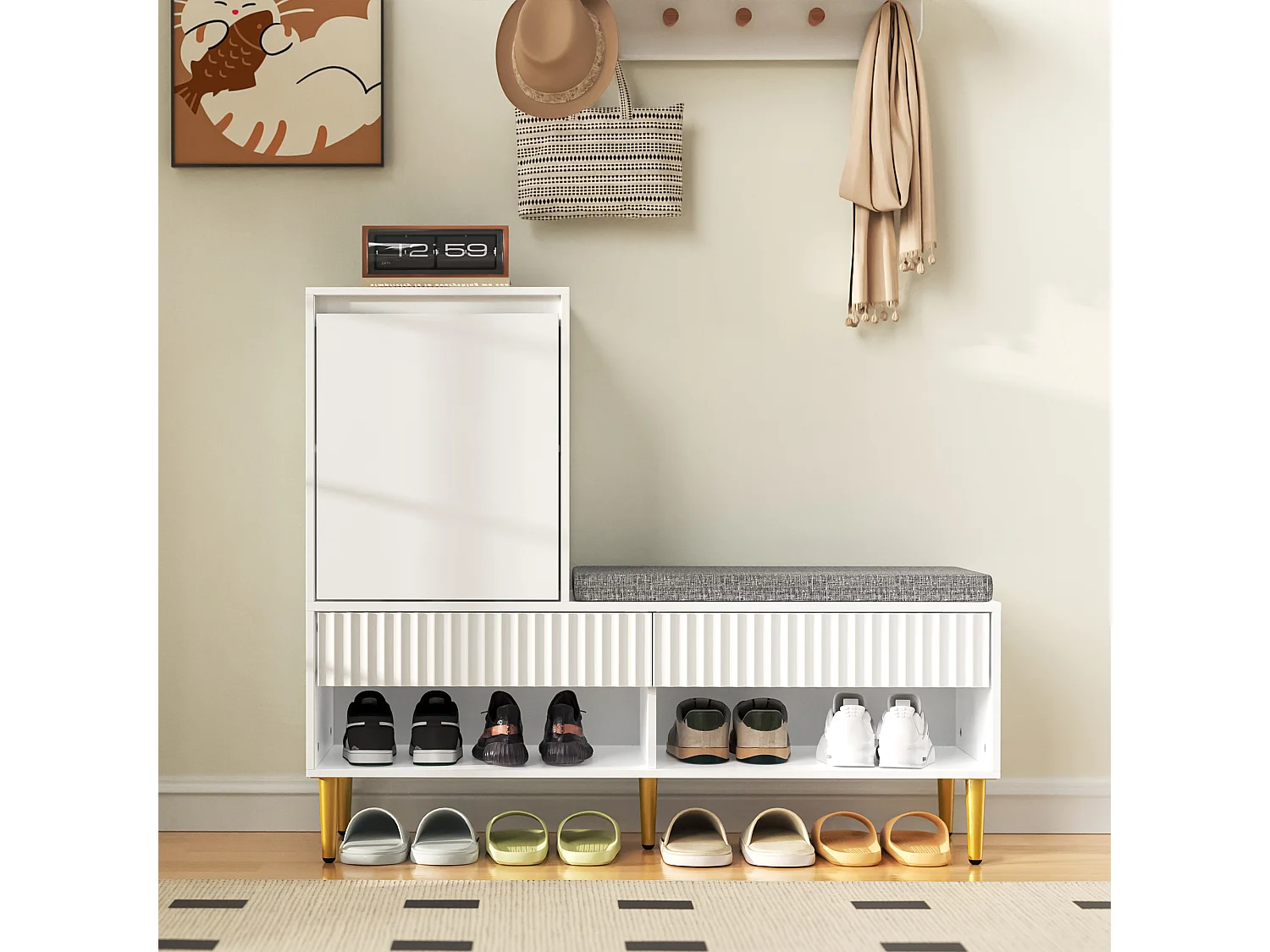 Schuhschrank 100x35x90cm - mit Sitzbank - mit 2 Schubladen und 1 Tür - offene Regale - Weiß