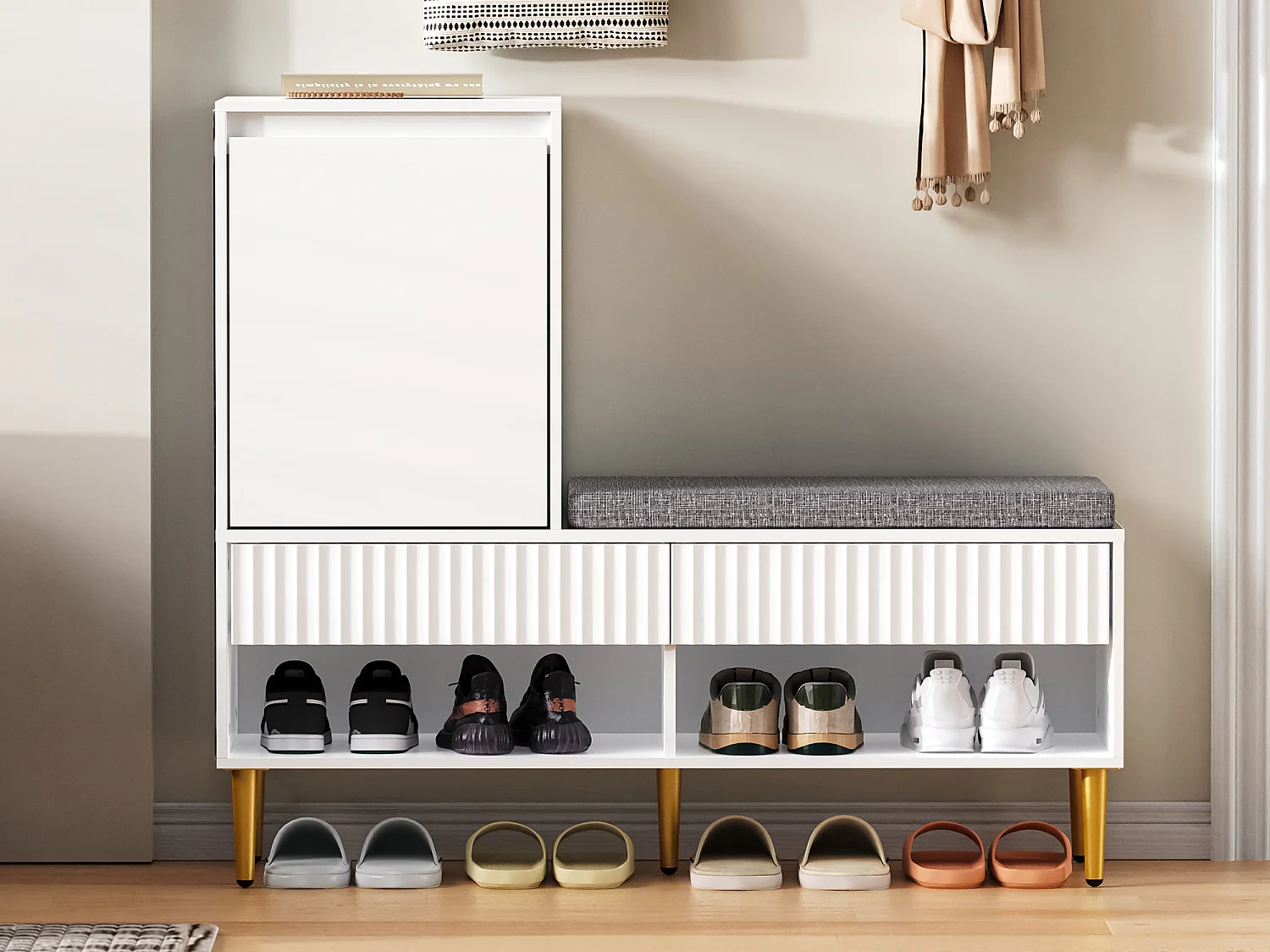 Móvel para sapatos 100x35x90cm - com banco - com 2 gavetas e 1 porta - prateleiras abertas - Branco