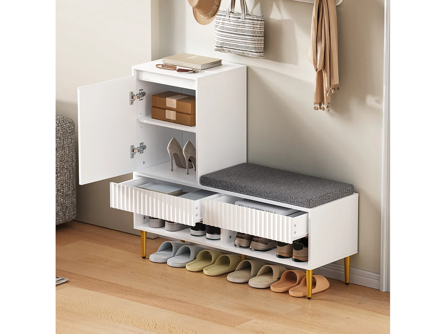 Móvel para sapatos 100x35x90cm - com banco - com 2 gavetas e 1 porta - prateleiras abertas - Branco