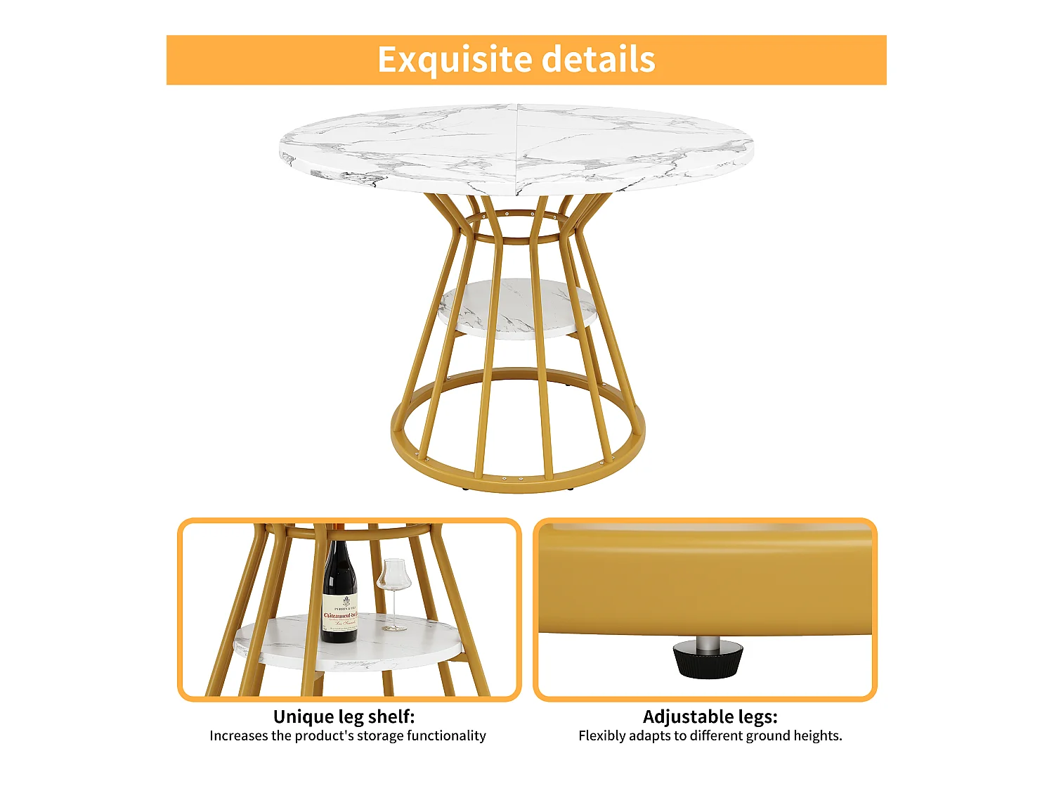 Ronde eettafel - keukentafel - 100x100x76cm - metalen poten - Moderne stijl - marmer motief - goud