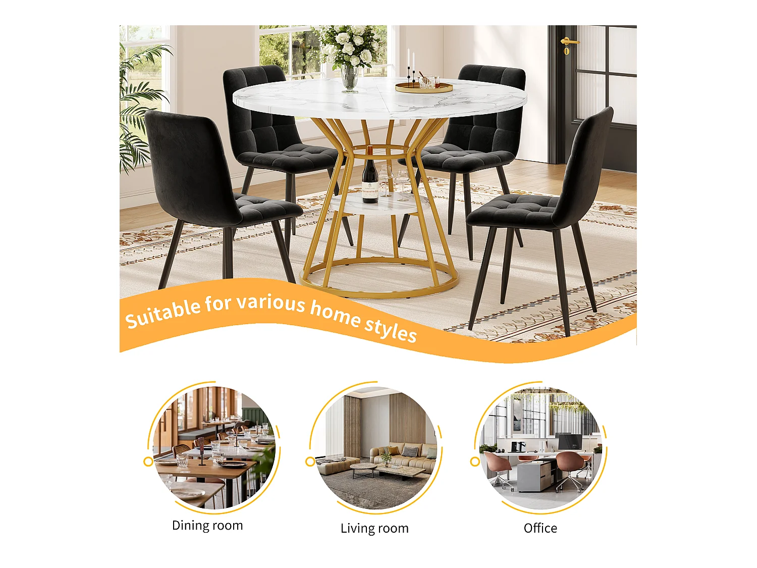 Ronde eettafel - keukentafel - 100x100x76cm - metalen poten - Moderne stijl - marmer motief - goud