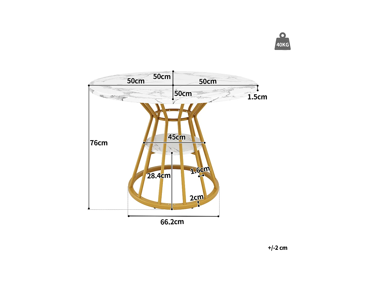 Ronde eettafel - keukentafel - 100x100x76cm - metalen poten - Moderne stijl - marmer motief - goud