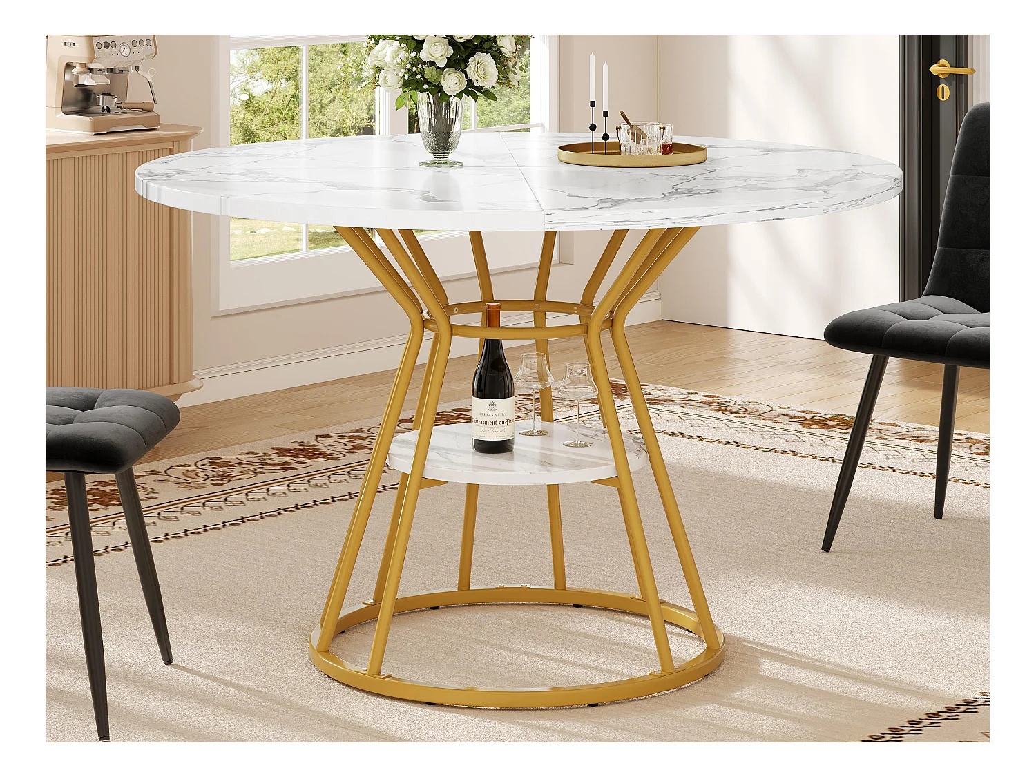 Table à manger ronde - table de cuisine - 100x100x76cm - pieds en métal - Style moderne - motif marbre - doré