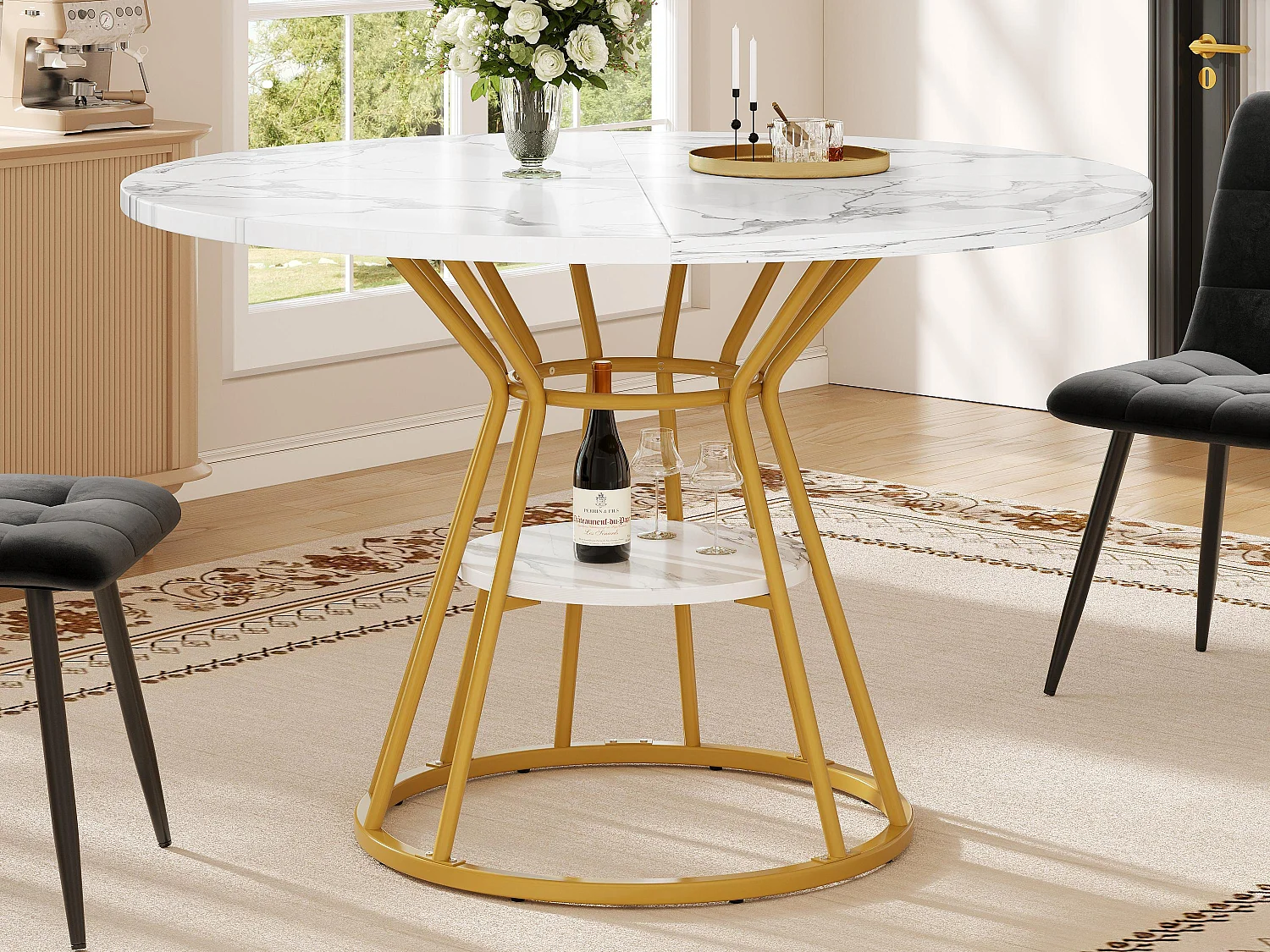 Table à manger ronde - table de cuisine - 100x100x76cm - pieds en métal - Style moderne - motif marbre - doré