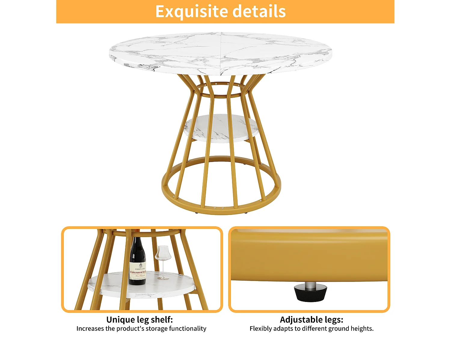 Table à manger ronde - table de cuisine - 100x100x76cm - pieds en métal - Style moderne - motif marbre - doré