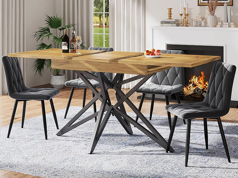 Mesa de jantar extensível 160x80x66 cm - 6 pessoas - pés da mesa em forma de estrela - tampo da mesa imitação nogueira - Natural