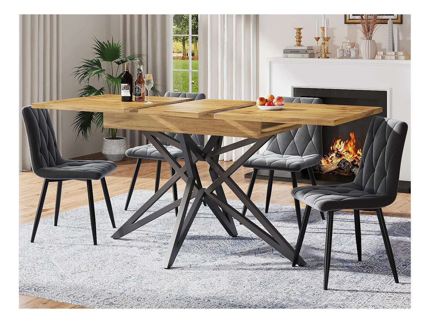 Table à manger extensible 160x80x66 cm - 6 personnes - pieds de table en forme d'étoile - plateau de table imitation noyer - Naturel