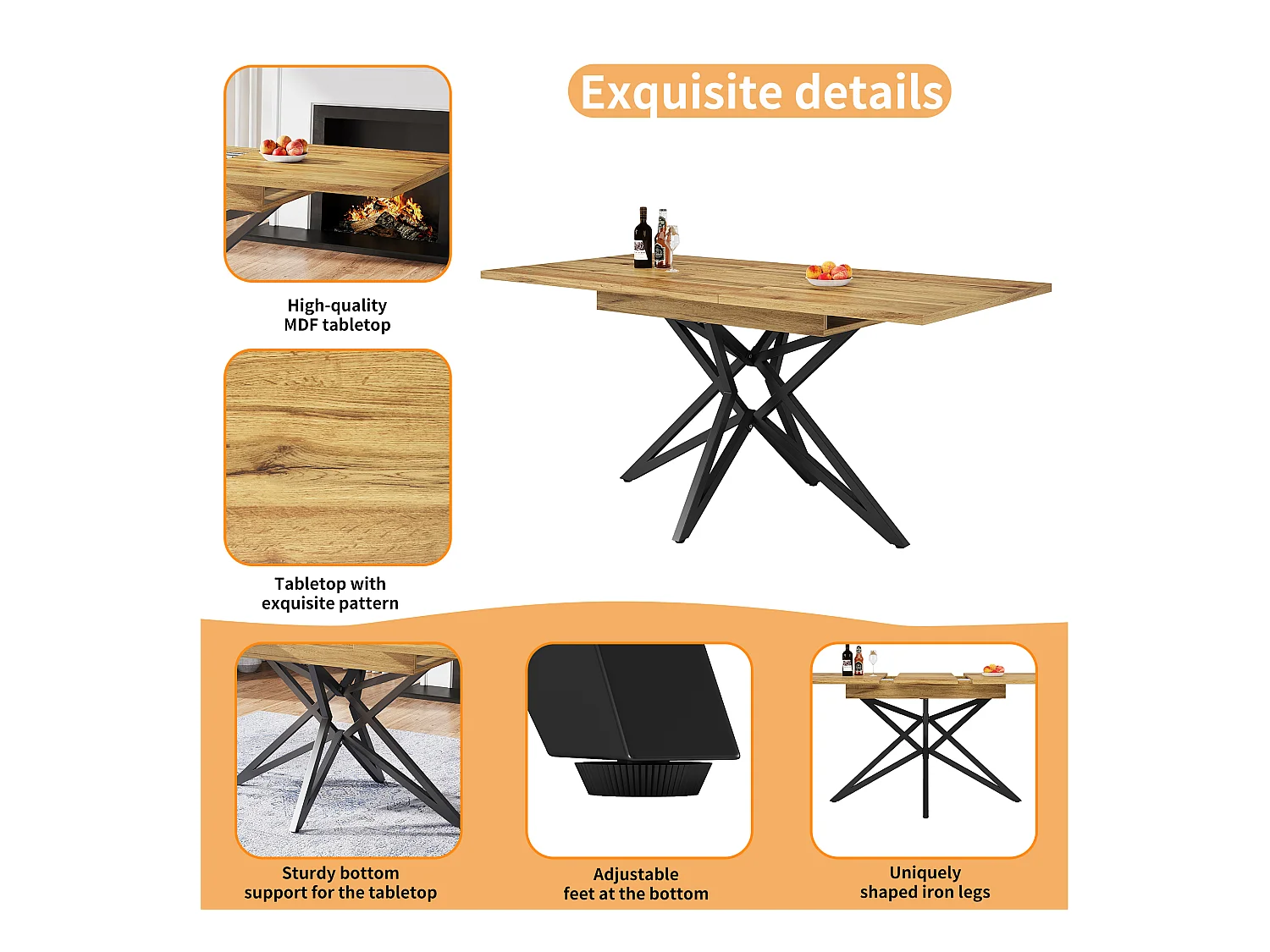 Table à manger extensible 160x80x66 cm - 6 personnes - pieds de table en forme d'étoile - plateau de table imitation noyer - Naturel