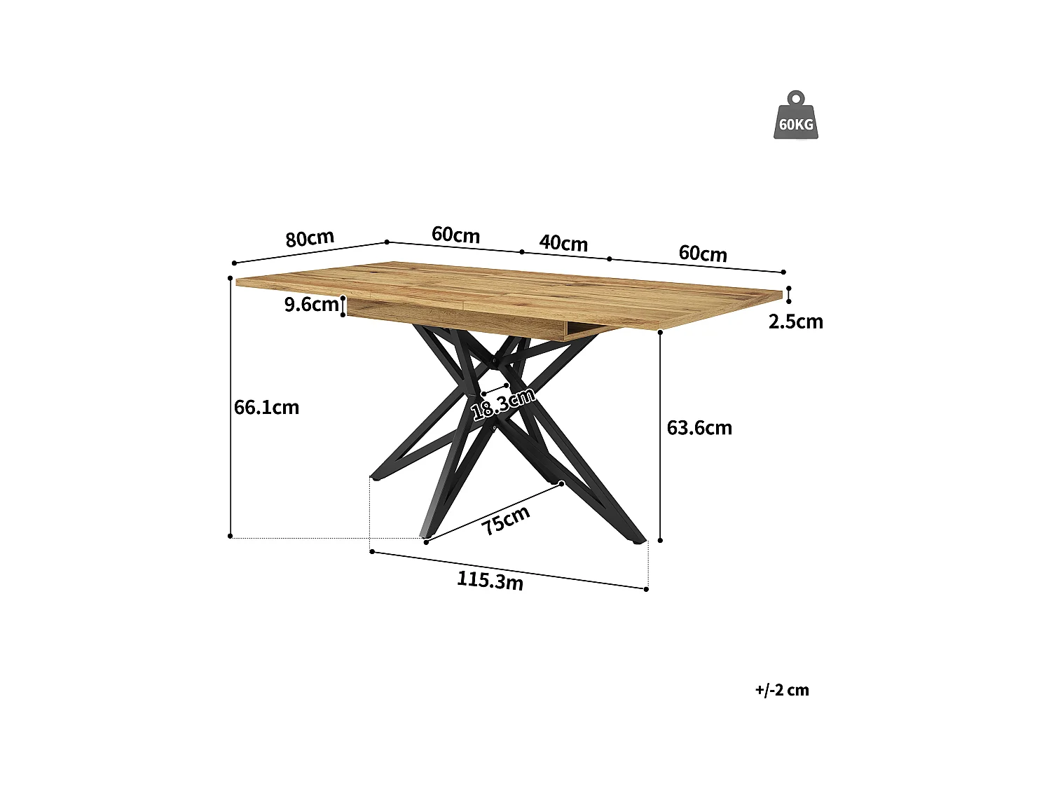Table à manger extensible 160x80x66 cm - 6 personnes - pieds de table en forme d'étoile - plateau de table imitation noyer - Naturel