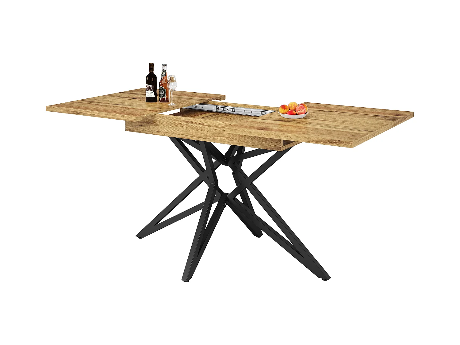 Table à manger extensible 160x80x66 cm - 6 personnes - pieds de table en forme d'étoile - plateau de table imitation noyer - Naturel