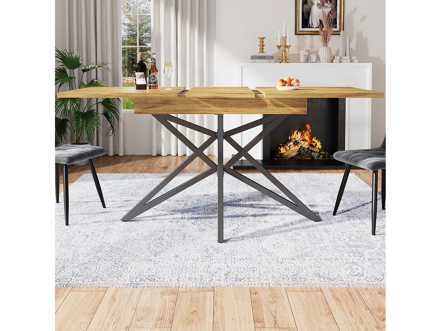 Table à manger extensible 160x80x66 cm - 6 personnes - pieds de table en forme d'étoile - plateau de table imitation noyer - Naturel
