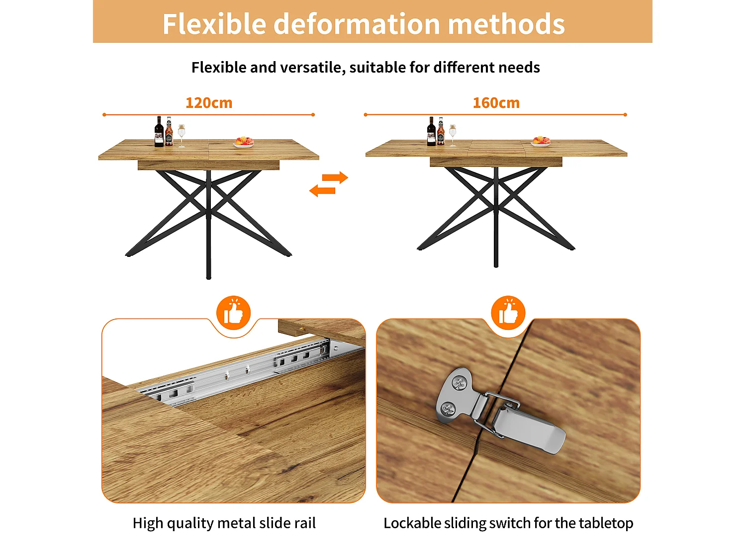 Table à manger extensible 160x80x66 cm - 6 personnes - pieds de table en forme d'étoile - plateau de table imitation noyer - Naturel