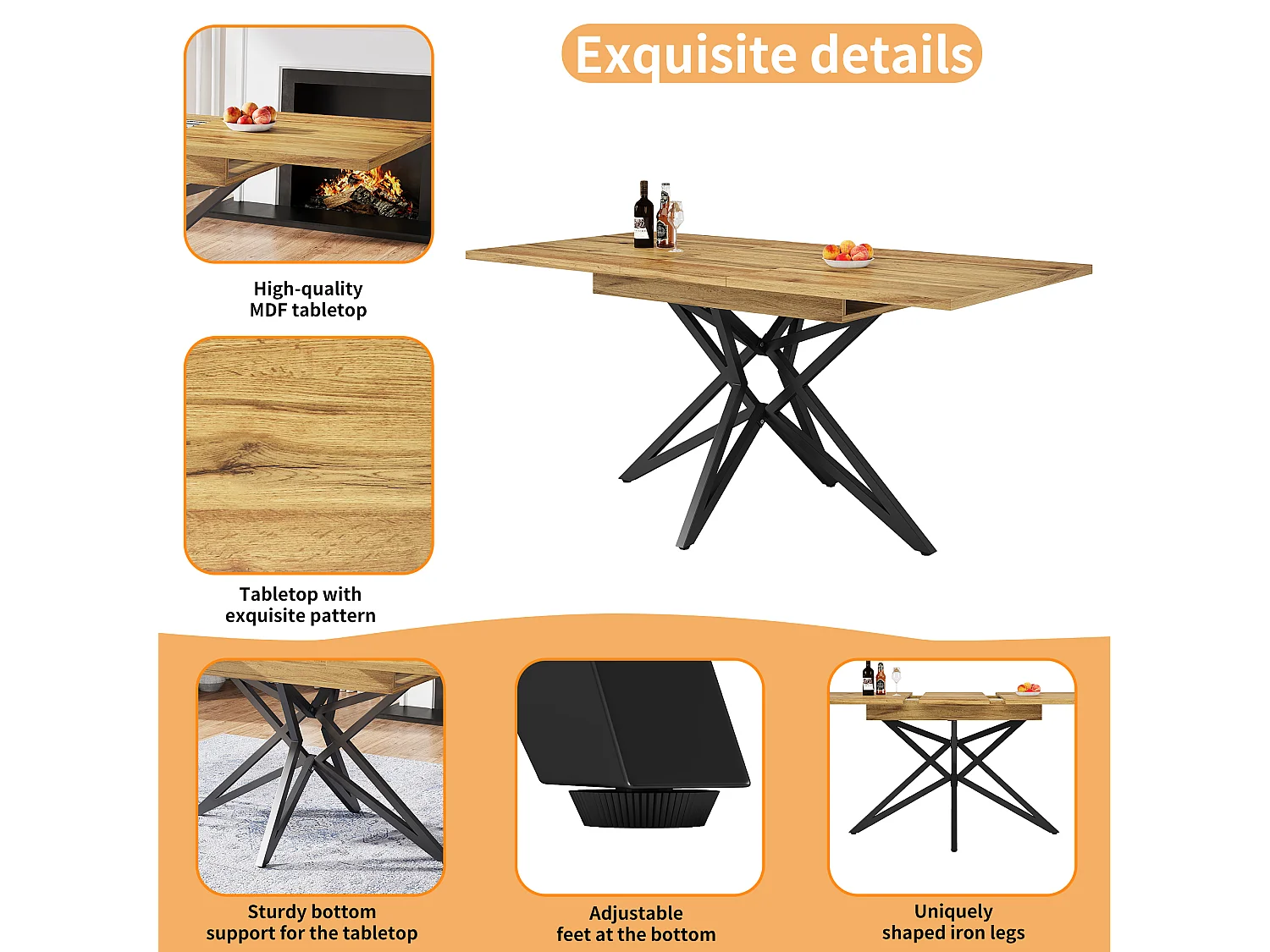 Table à manger extensible 160x80x66 cm - 6 personnes - pieds de table en forme d'étoile - plateau de table imitation noyer - Naturel