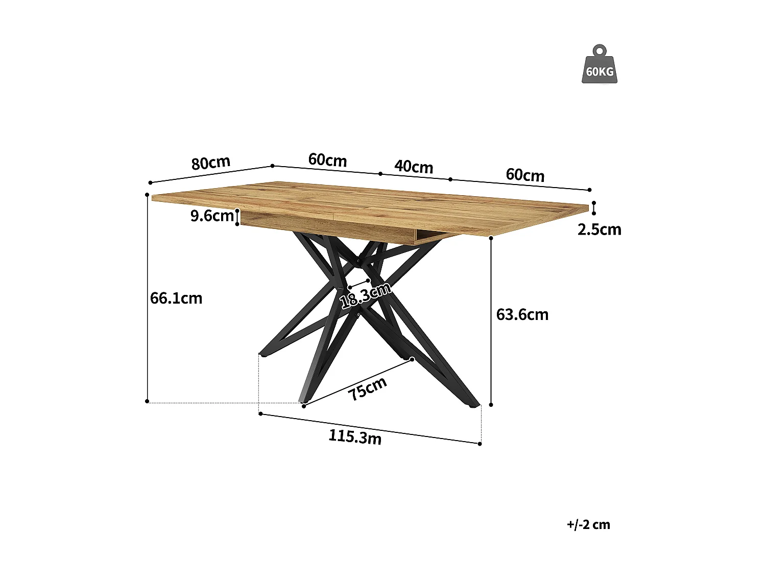 Table à manger extensible 160x80x66 cm - 6 personnes - pieds de table en forme d'étoile - plateau de table imitation noyer - Naturel