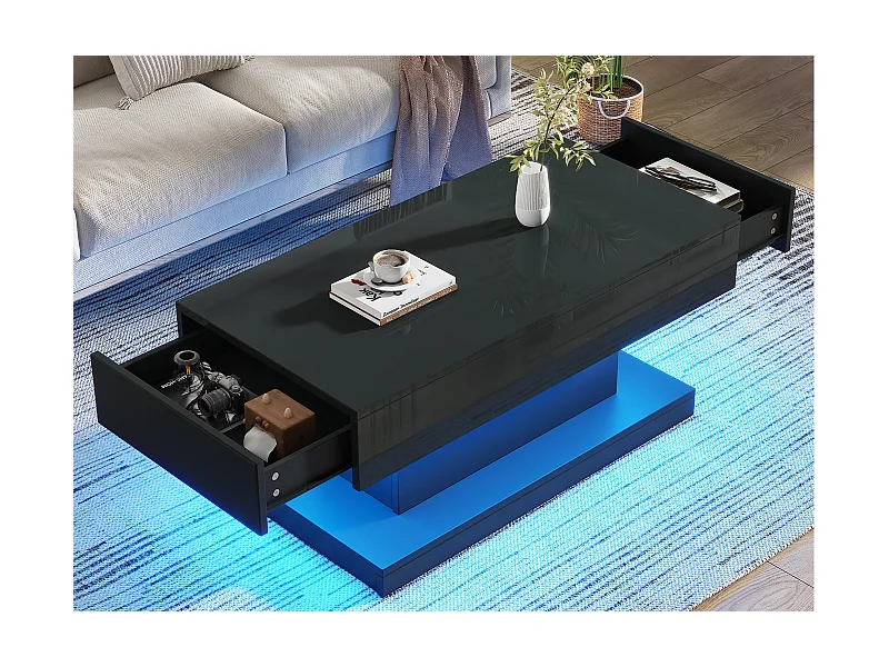 Table basse 100x50x45cm - avec 2 tiroirs - avec éclairage LED - Finition brillante - Noir