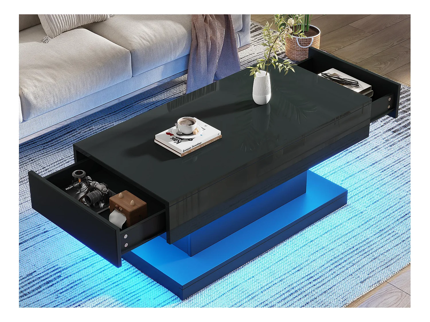 Table basse 100x50x45cm - avec 2 tiroirs - avec éclairage LED - Finition brillante - Noir