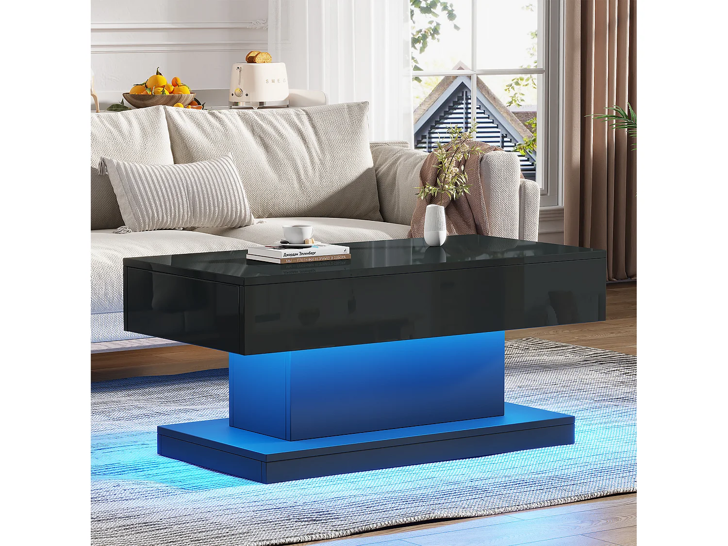 Couchtisch 100x50x45cm - mit 2 Schubladen - mit LED-Beleuchtung - Hochglanzfinish - Schwarz