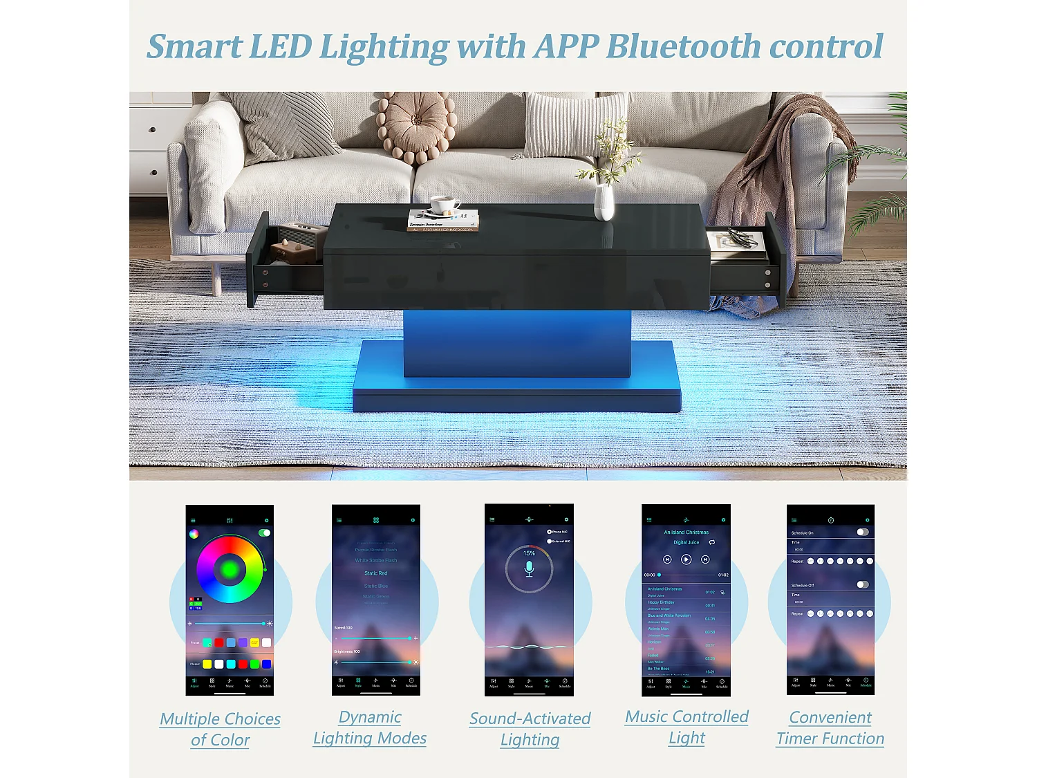 Couchtisch 100x50x45cm - mit 2 Schubladen - mit LED-Beleuchtung - Hochglanzfinish - Schwarz