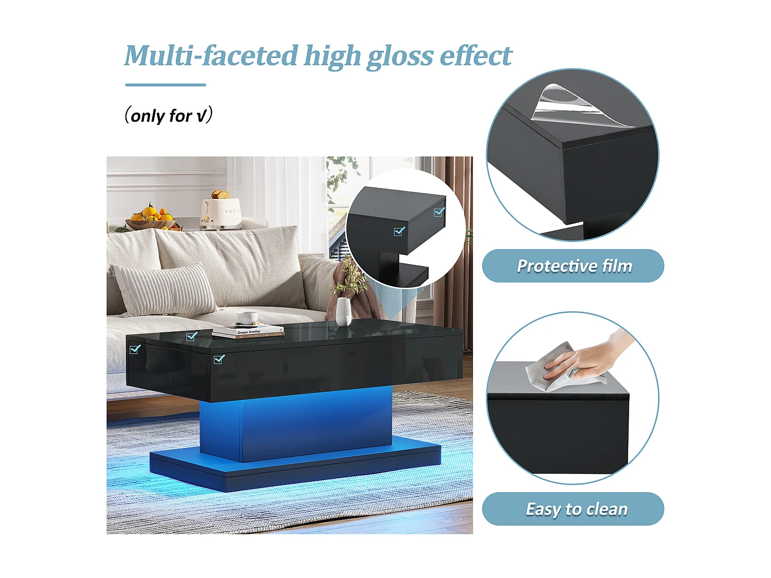 Couchtisch 100x50x45cm - mit 2 Schubladen - mit LED-Beleuchtung - Hochglanzfinish - Schwarz