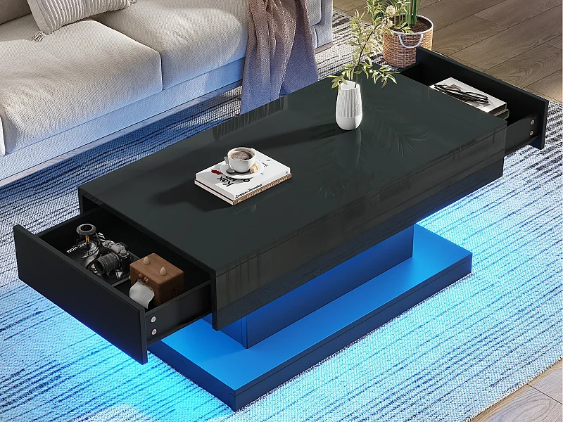 Table basse 100x50x45cm - avec 2 tiroirs - avec éclairage LED - Finition brillante - Noir