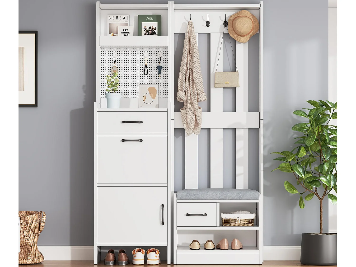 Zestaw wieszakowy do przedpokoju 110x35x175.5 cm - Szafa na buty i ławka na buty - haki i panel perforowany - Biały