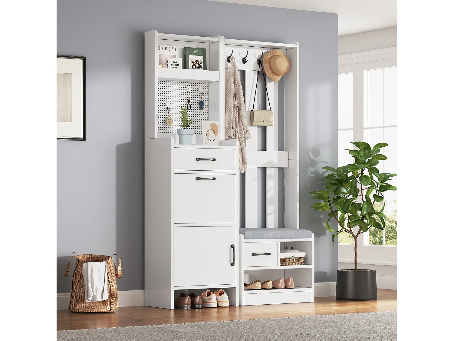 Zestaw wieszakowy do przedpokoju 110x35x175.5 cm - Szafa na buty i ławka na buty - haki i panel perforowany - Biały