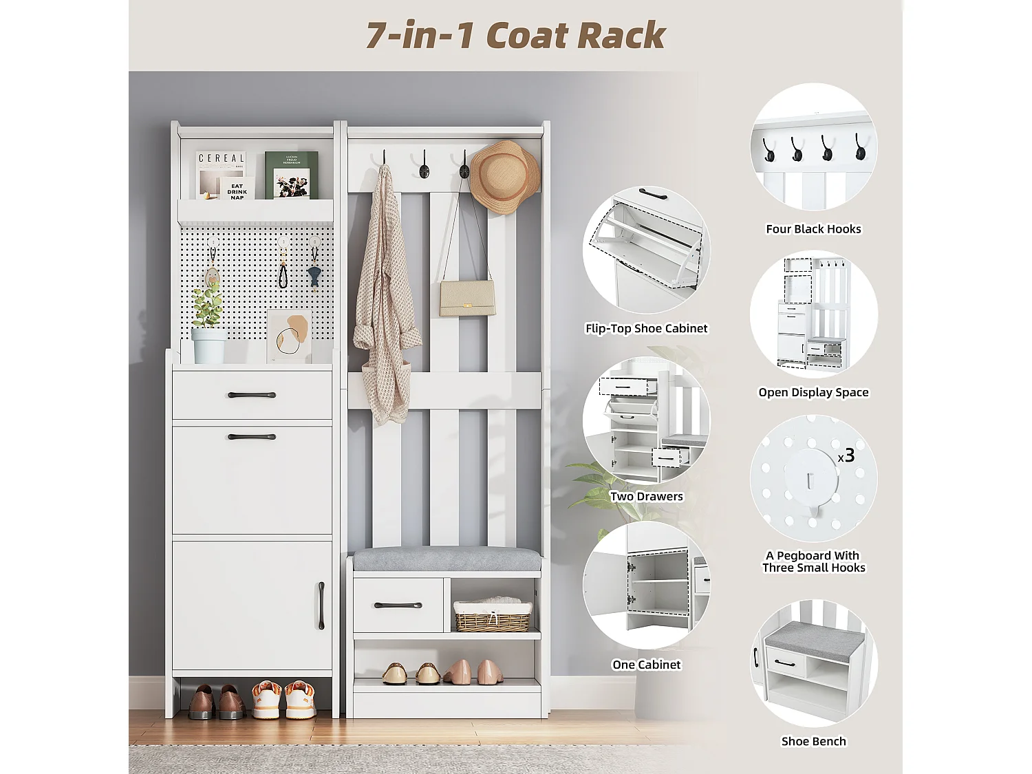 Zestaw wieszakowy do przedpokoju 110x35x175.5 cm - Szafa na buty i ławka na buty - haki i panel perforowany - Biały