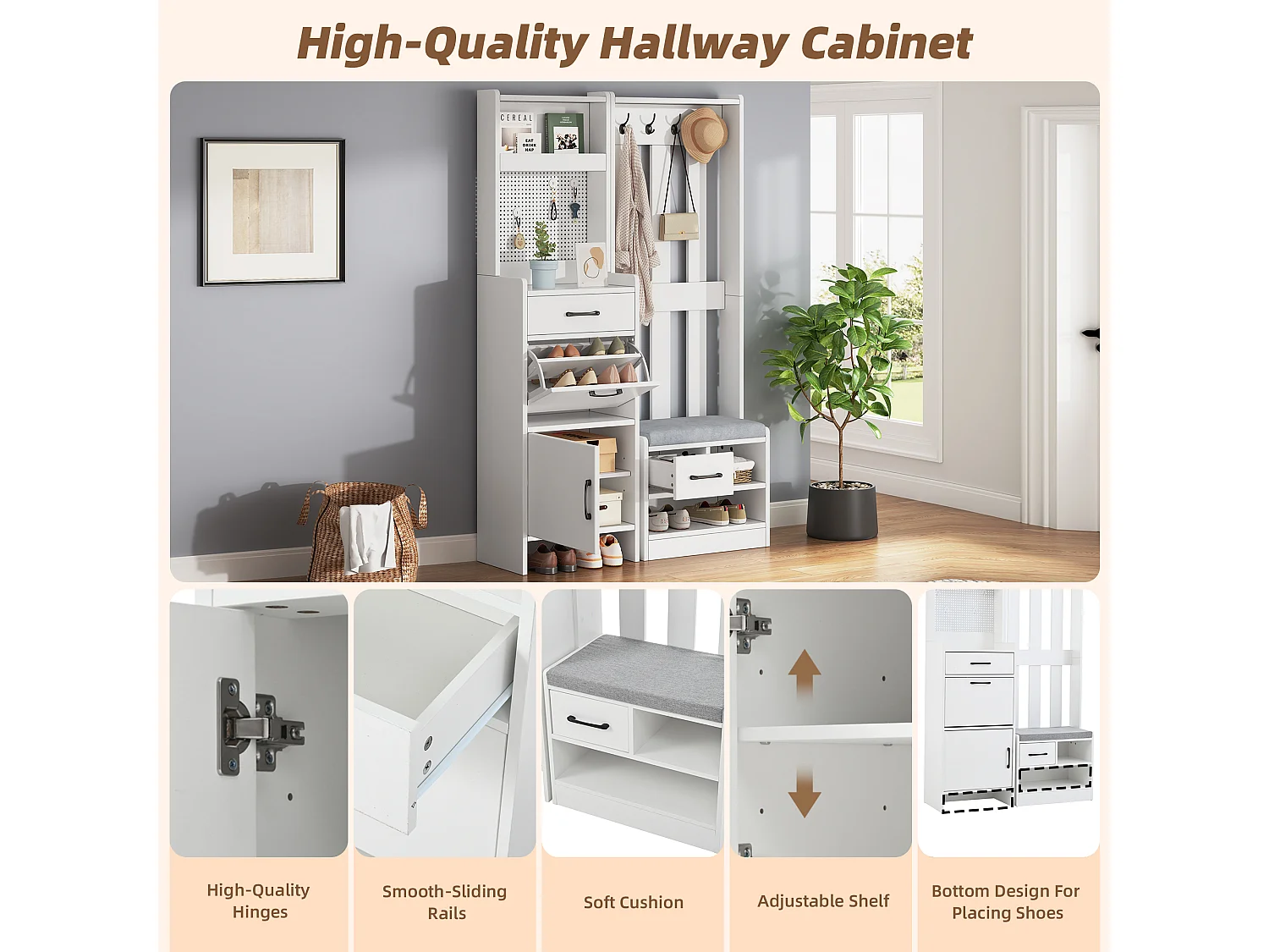 Zestaw wieszakowy do przedpokoju 110x35x175.5 cm - Szafa na buty i ławka na buty - haki i panel perforowany - Biały