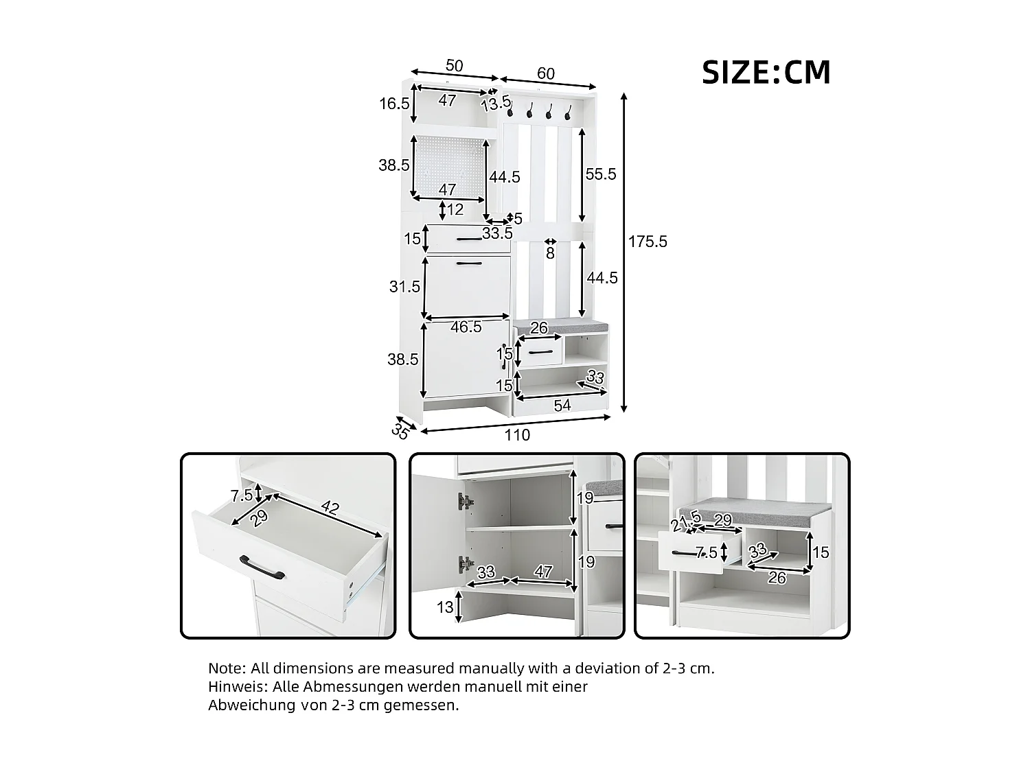 Zestaw wieszakowy do przedpokoju 110x35x175.5 cm - Szafa na buty i ławka na buty - haki i panel perforowany - Biały