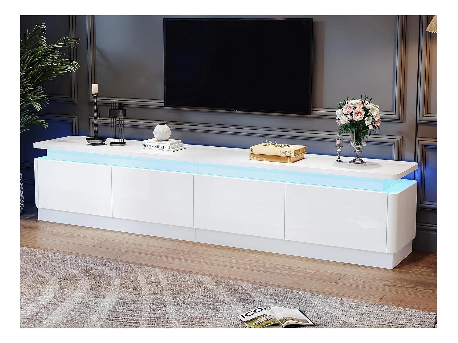 Meuble TV 180x34x40cm - avec 4 tiroirs - avec LED - Finition brillante - Blanc