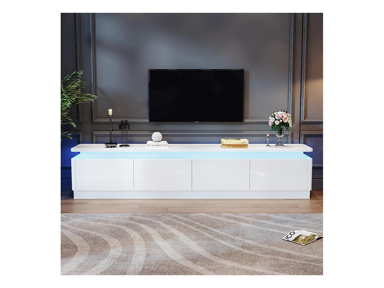 Meuble TV 180x34x40cm - avec 4 tiroirs - avec LED - Finition brillante - Blanc