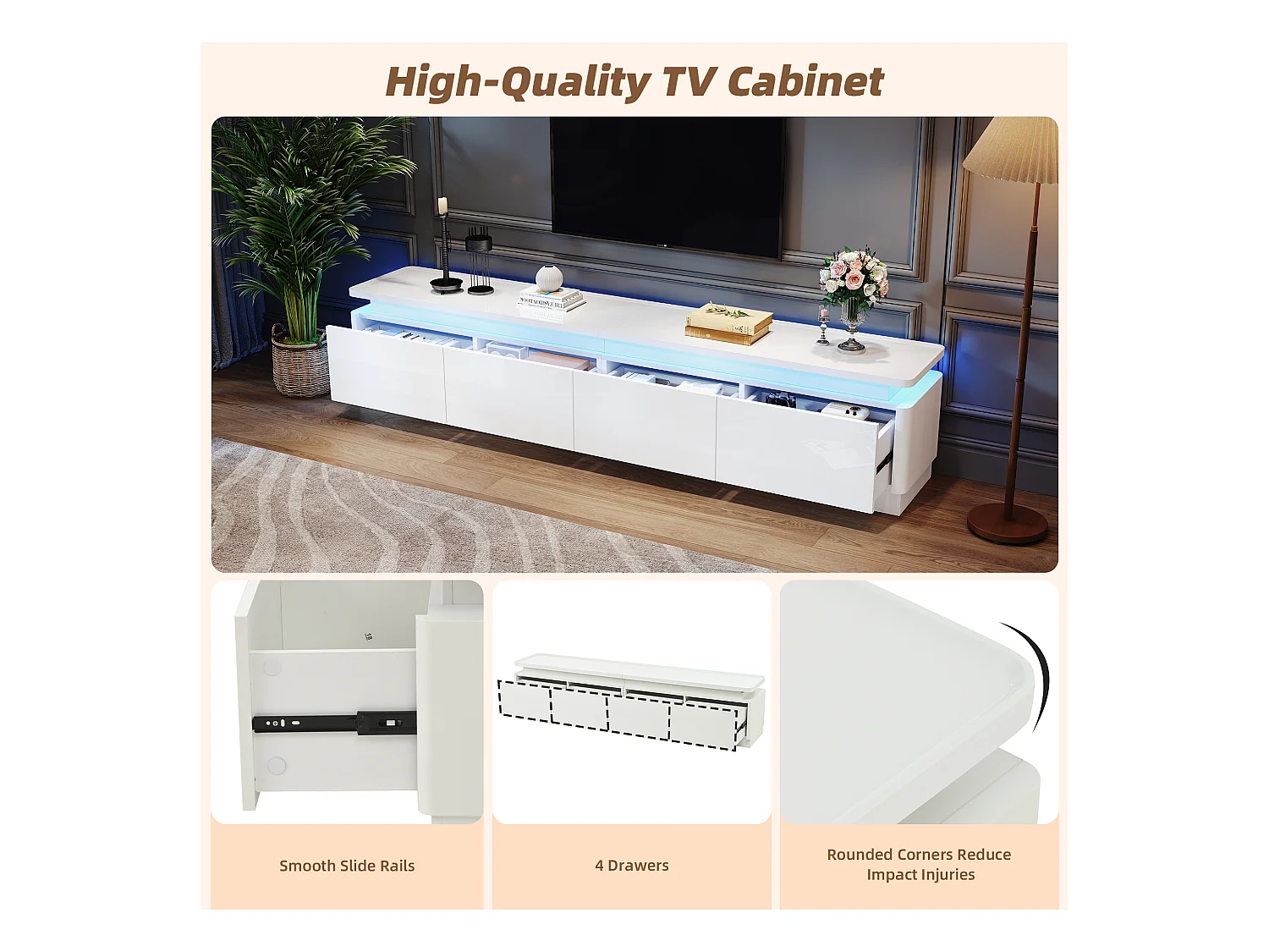 Meuble TV 180x34x40cm - avec 4 tiroirs - avec LED - Finition brillante - Blanc
