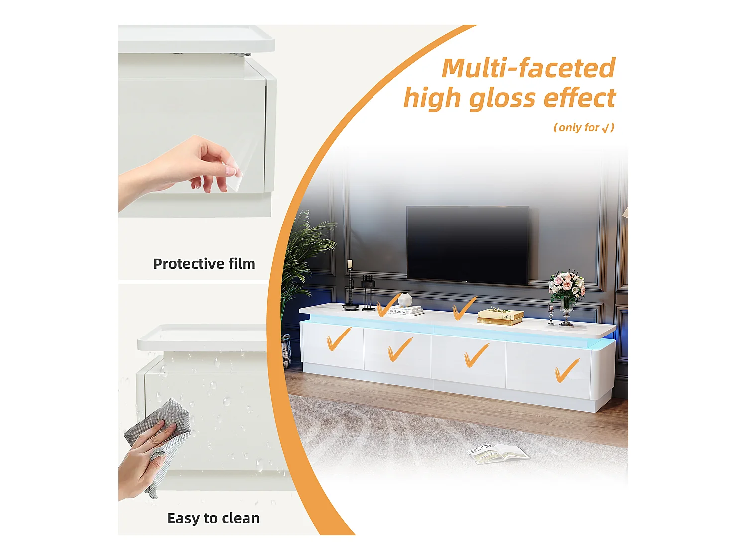 Meuble TV 180x34x40cm - avec 4 tiroirs - avec LED - Finition brillante - Blanc