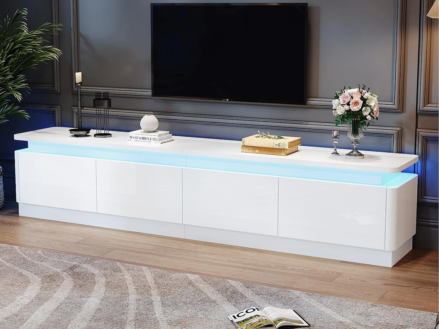 TV-bord 180x34x40 cm - med 4 skuffer - med LED-belysning - Blank finish - Hvid