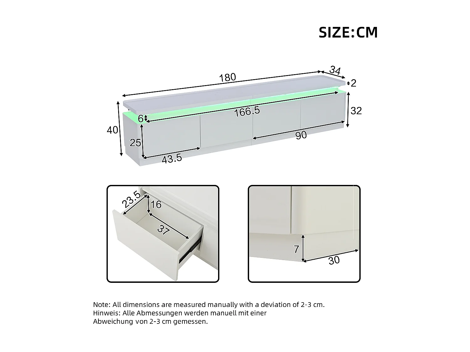 TV-bord 180x34x40 cm - med 4 skuffer - med LED-belysning - Blank finish - Hvid