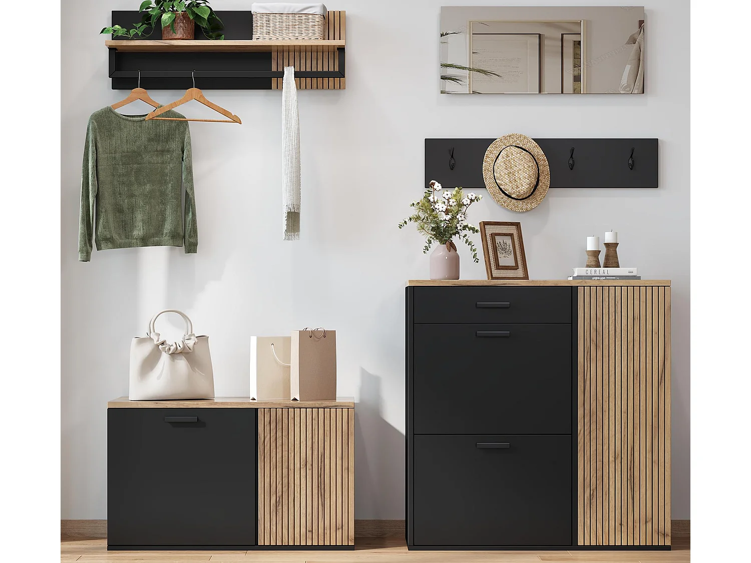 Garderobenset für den Eingangsbereich - 2 Schuhschränke - Kleiderstange und 4 Haken - Spiegel - Natur + Schwarz