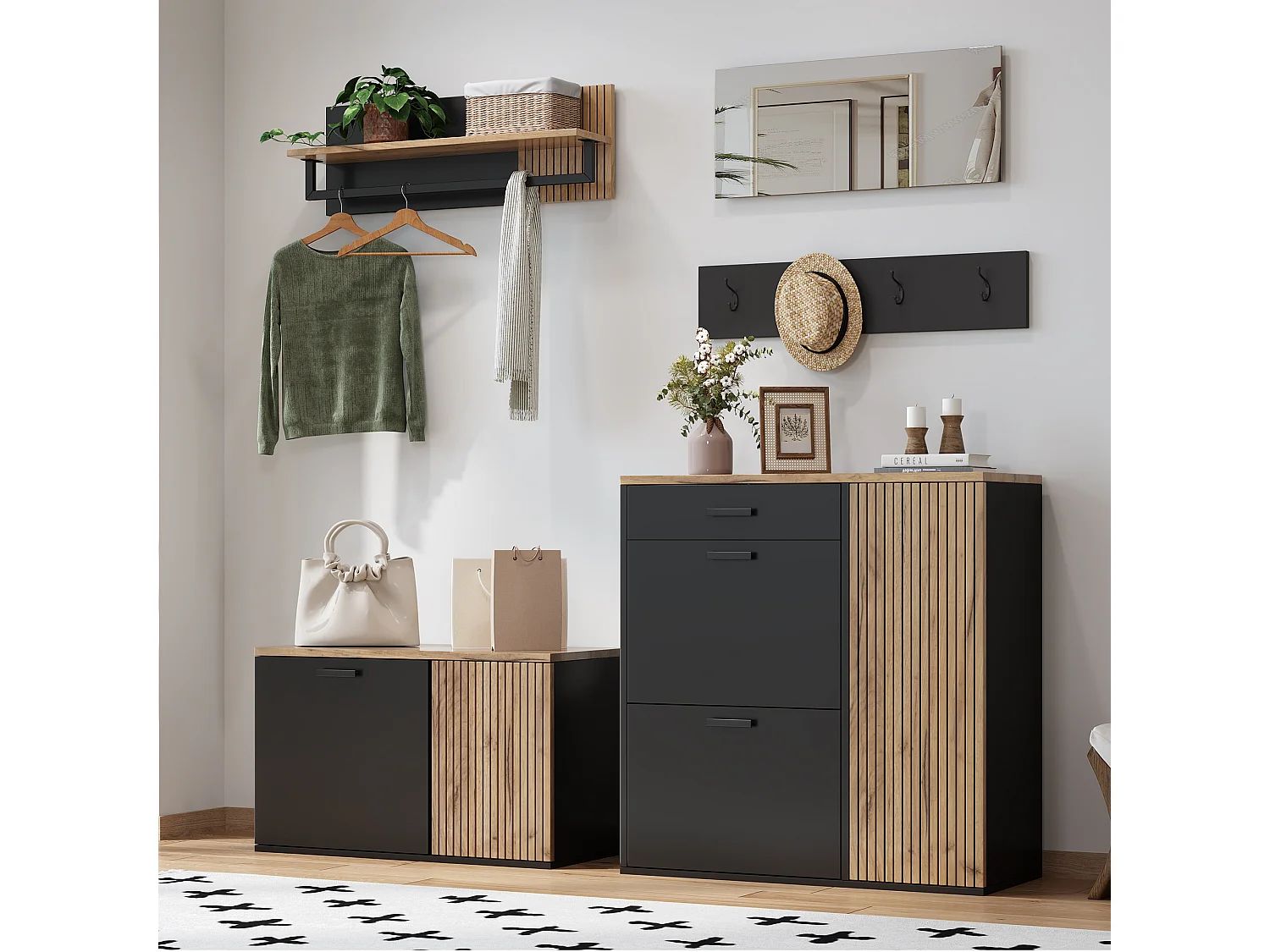 Garderobenset für den Eingangsbereich - 2 Schuhschränke - Kleiderstange und 4 Haken - Spiegel - Natur + Schwarz