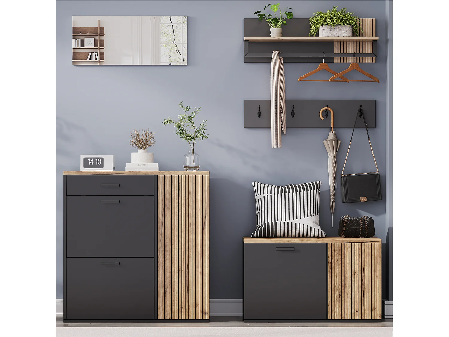 Garderobenset für den Eingangsbereich - 2 Schuhschränke - Kleiderstange und 4 Haken - Spiegel - Natur + Schwarz
