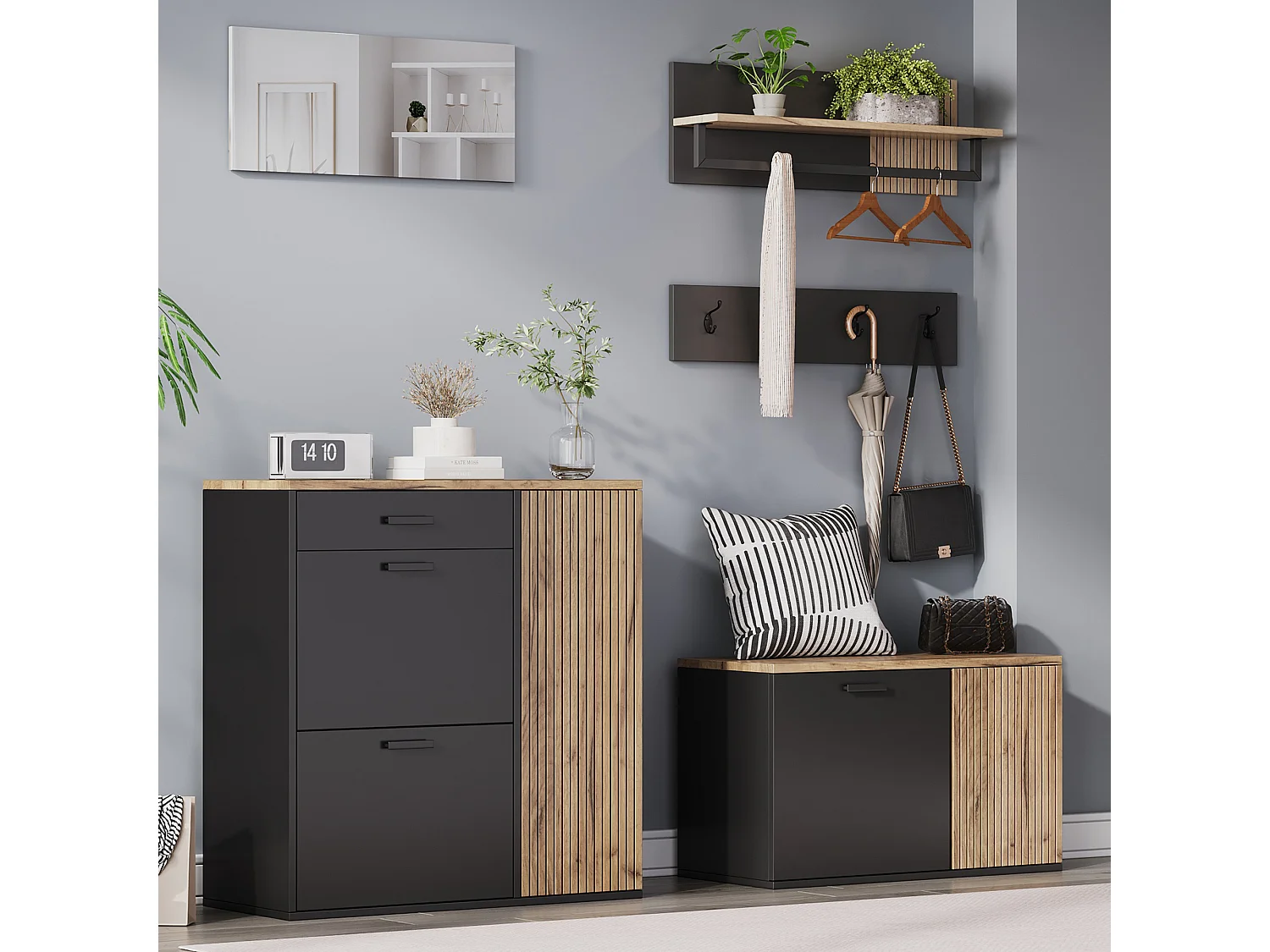 Garderobenset für den Eingangsbereich - 2 Schuhschränke - Kleiderstange und 4 Haken - Spiegel - Natur + Schwarz