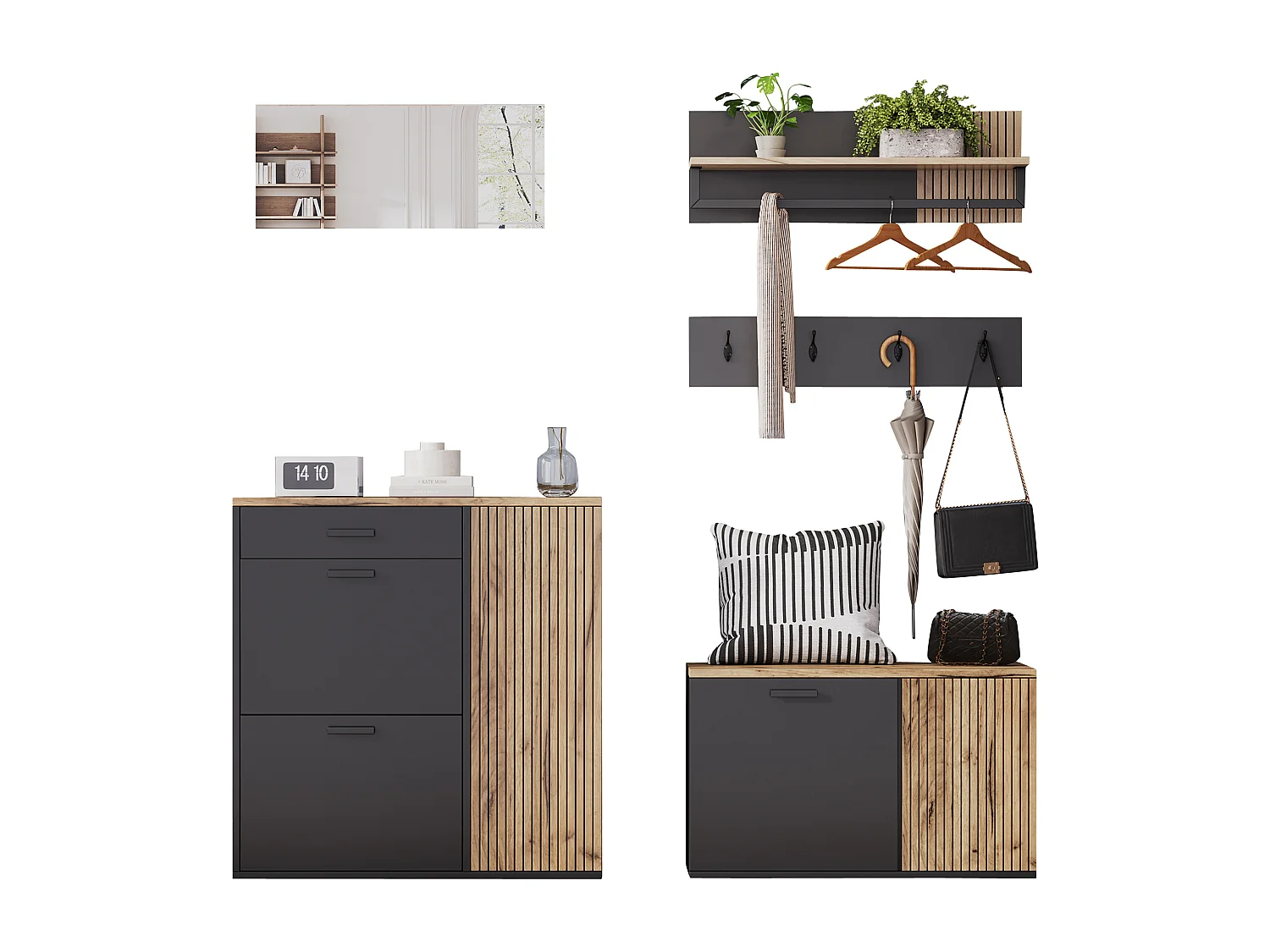 Garderobenset für den Eingangsbereich - 2 Schuhschränke - Kleiderstange und 4 Haken - Spiegel - Natur + Schwarz