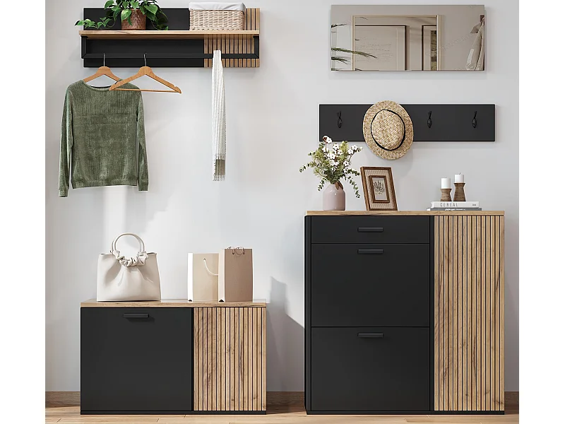 Garderobenset für den Eingangsbereich - 2 Schuhschränke - Kleiderstange und 4 Haken - Spiegel - Natur + Schwarz