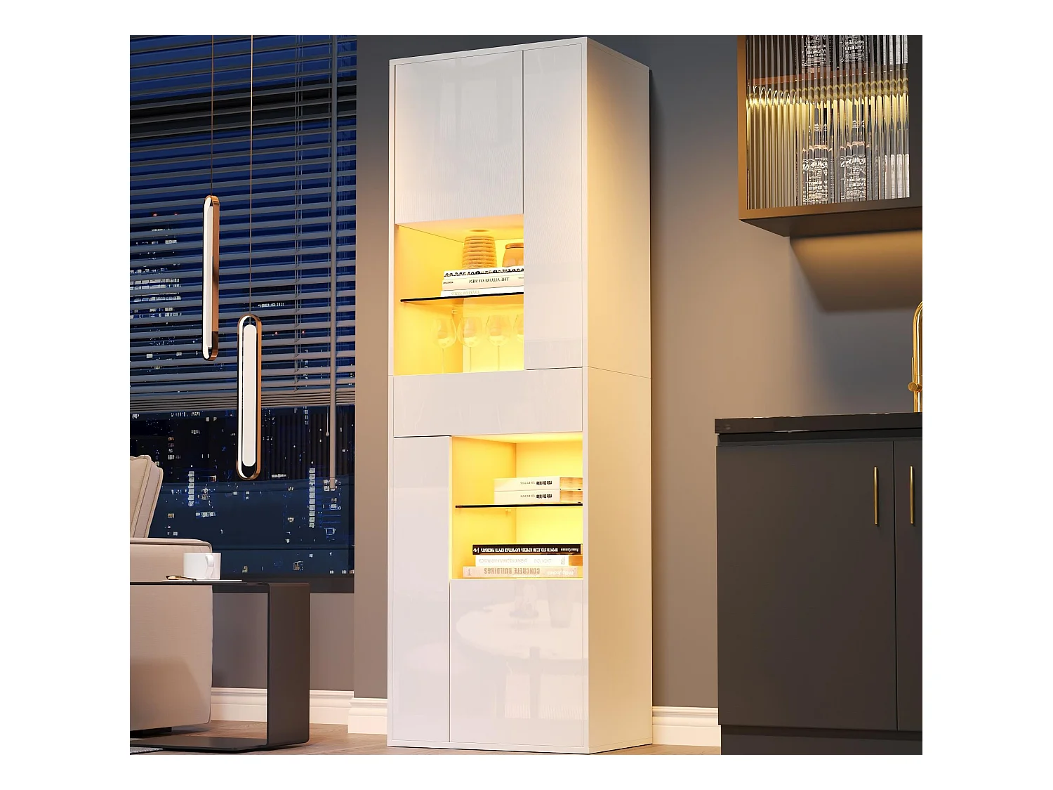 Vitrine haute brillance 55x38x170 cm - 1 tiroir et 4 portes - avec éclairage LED - Blanc