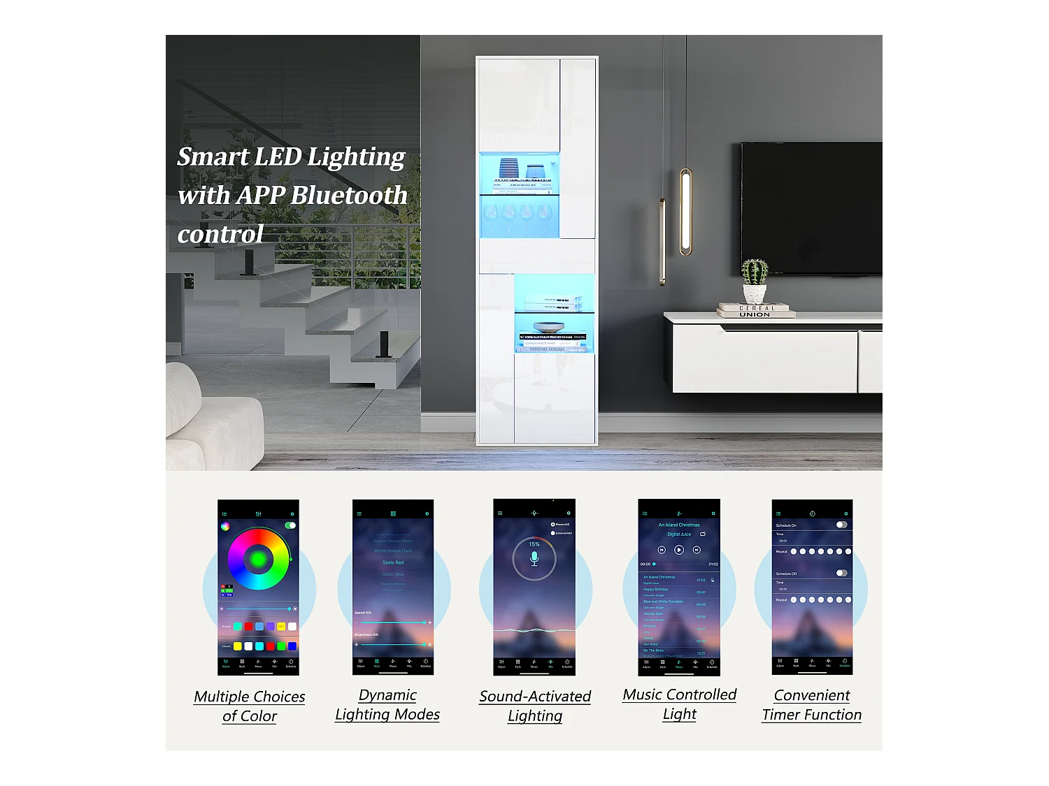 Vitrine haute brillance 55x38x170 cm - 1 tiroir et 4 portes - avec éclairage LED - Blanc