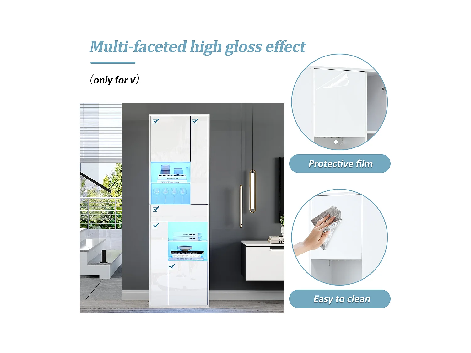 Vitrine haute brillance 55x38x170 cm - 1 tiroir et 4 portes - avec éclairage LED - Blanc