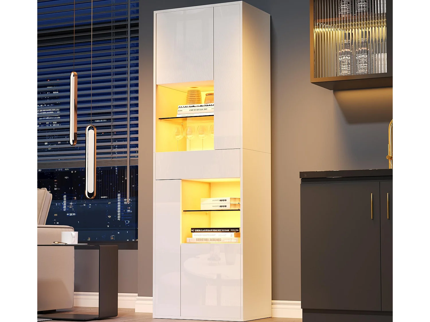 Vitrine haute brillance 55x38x170 cm - 1 tiroir et 4 portes - avec éclairage LED - Blanc