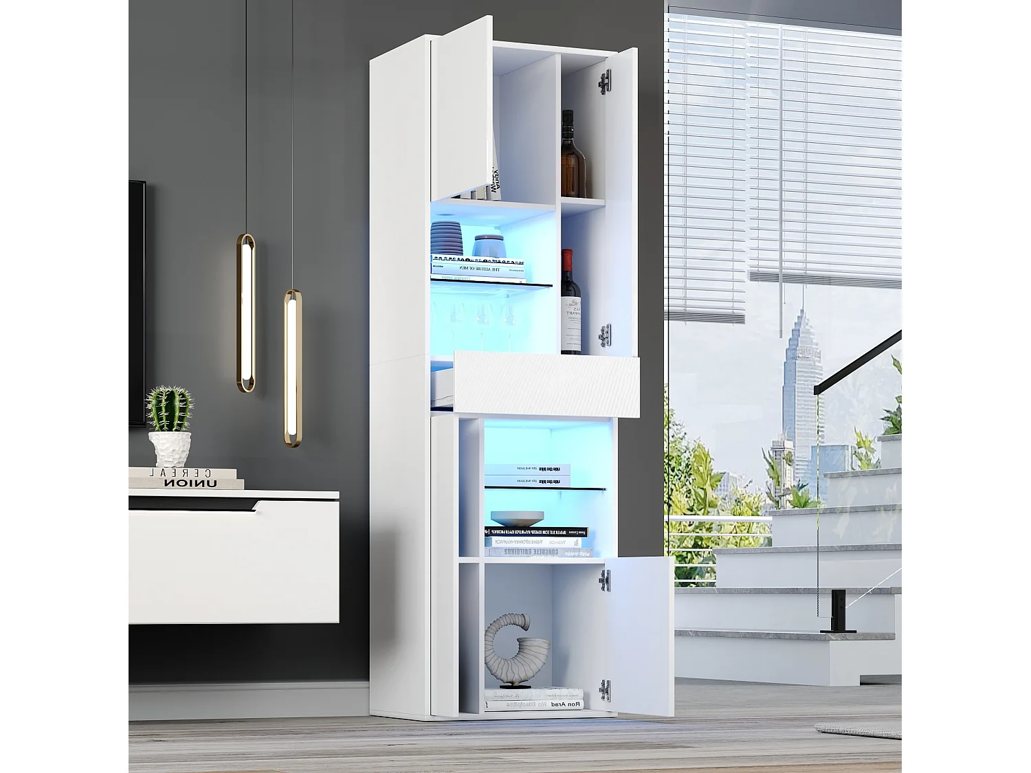 Vitrine haute brillance 55x38x170 cm - 1 tiroir et 4 portes - avec éclairage LED - Blanc