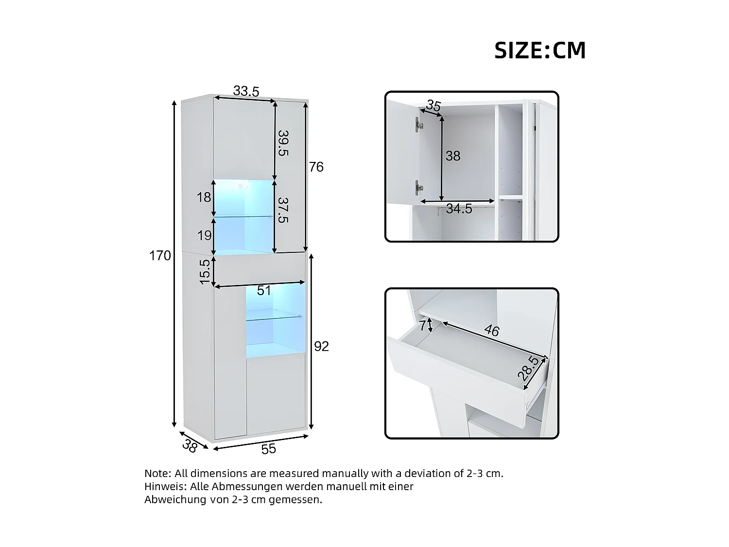 Vitrine haute brillance 55x38x170 cm - 1 tiroir et 4 portes - avec éclairage LED - Blanc