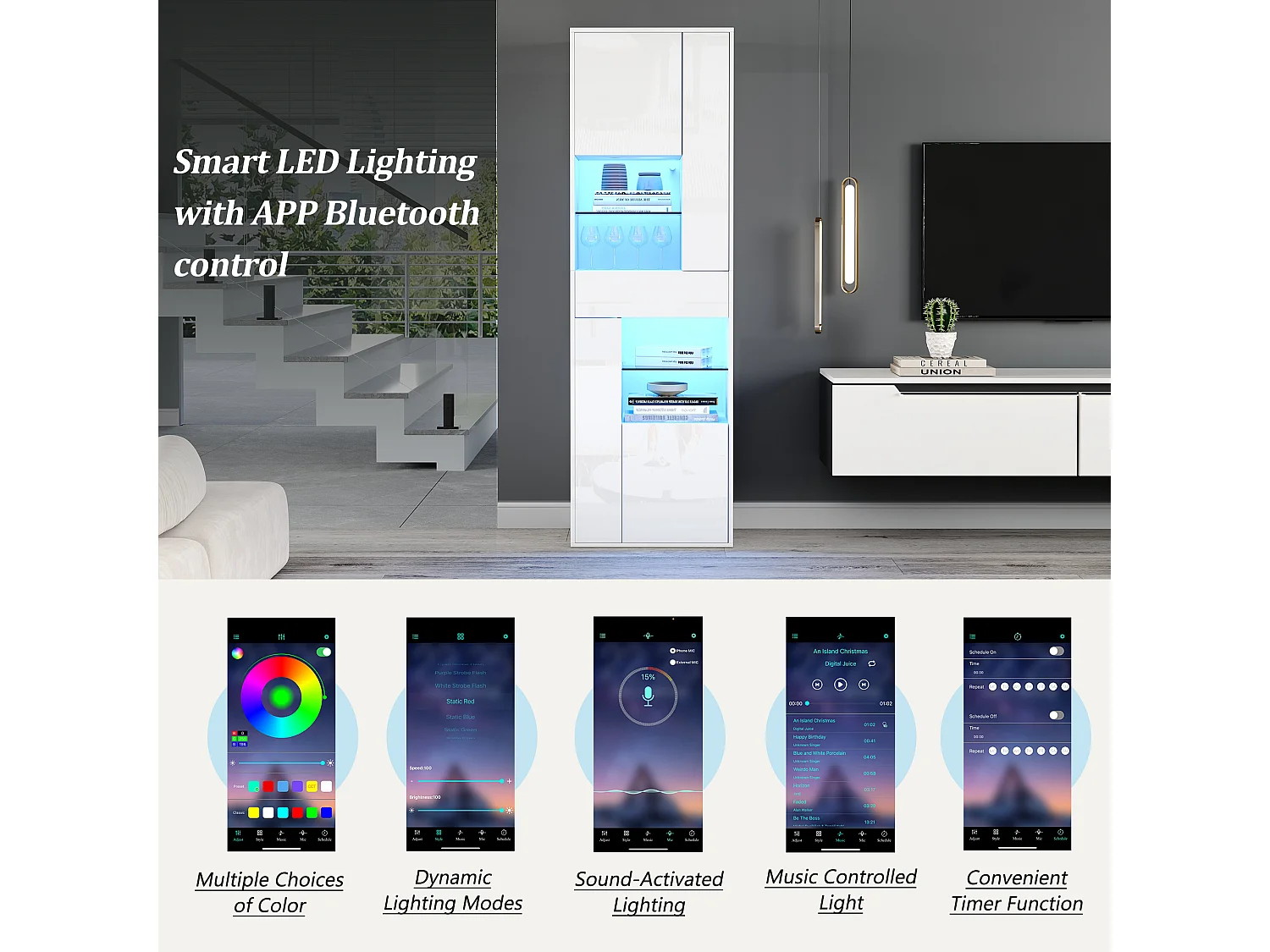 Vitrine haute brillance 55x38x170 cm - 1 tiroir et 4 portes - avec éclairage LED - Blanc