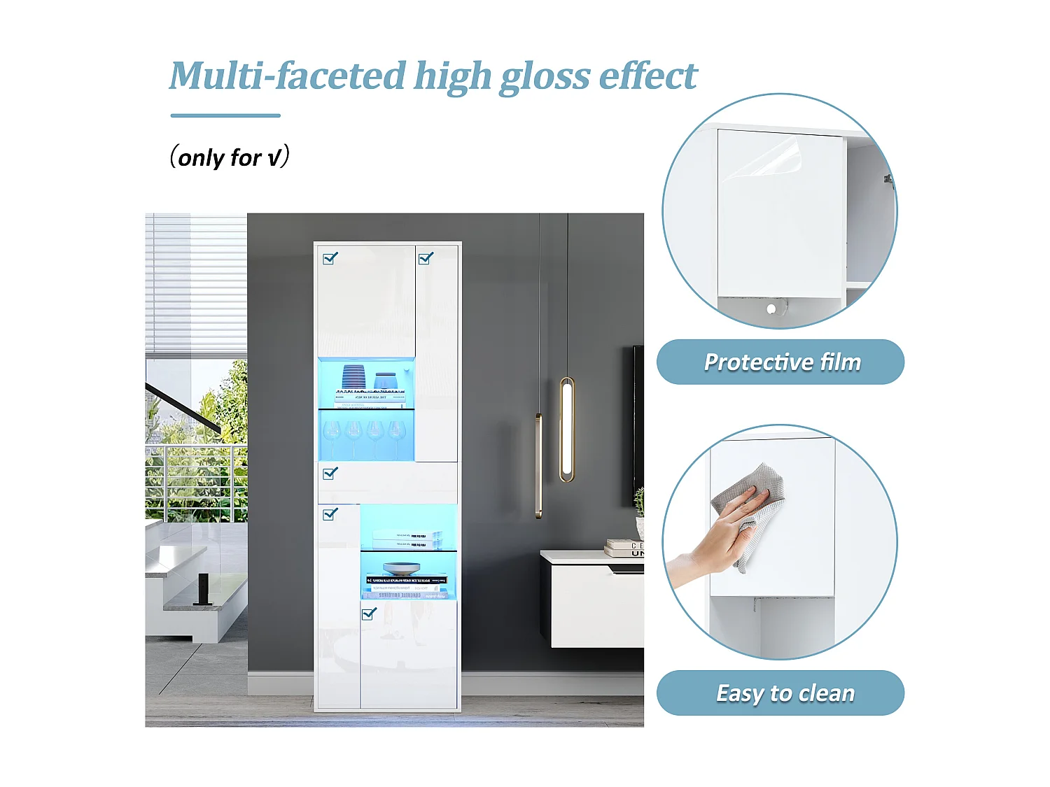 Vitrine haute brillance 55x38x170 cm - 1 tiroir et 4 portes - avec éclairage LED - Blanc